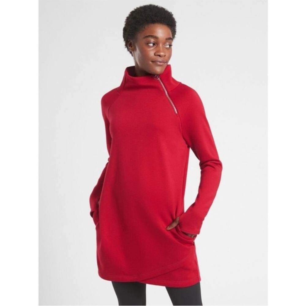 Athleta Cozy Karma Red Asymmetric Zip Mock Neck Sweater Mini Dress